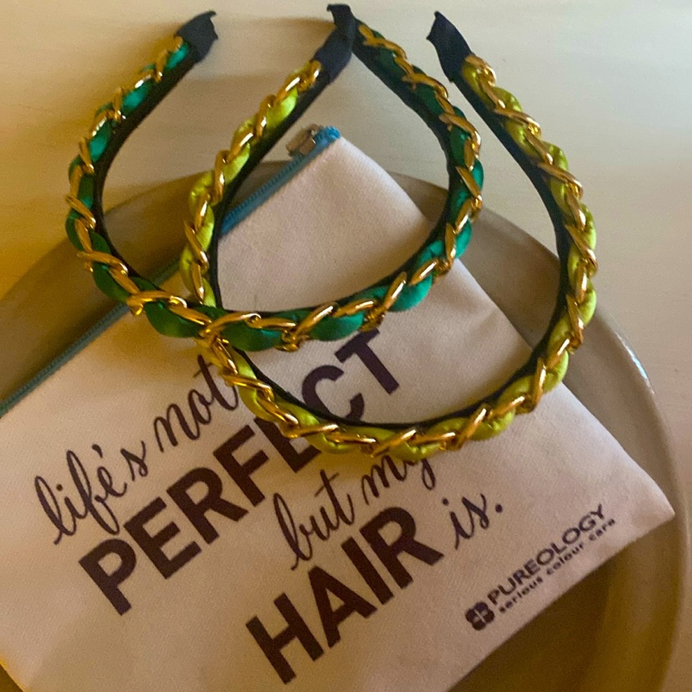 Hand made headbands in Kelly green and citron w/gold chain accent Silky fabric